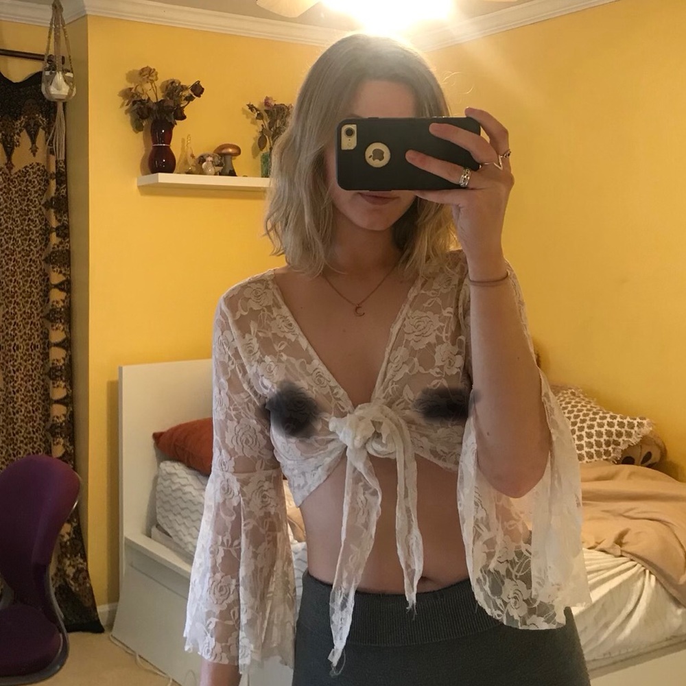 white see through rose print front tie top